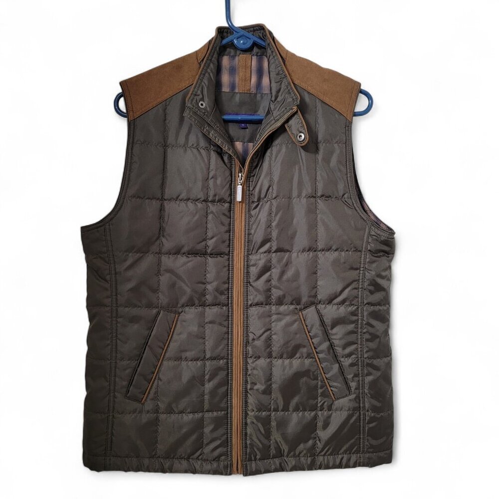 Alan Flusser Size M Quilted Green Vest with Brown Faux Leather Accents, EUC